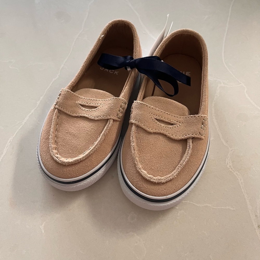 Janie and Jack Beige Suede Loafers with Dark Blue Bow